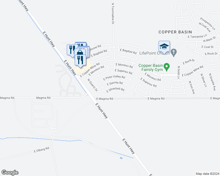 map of restaurants, bars, coffee shops, grocery stores, and more near 2900 East Silverbell Road in San Tan Valley