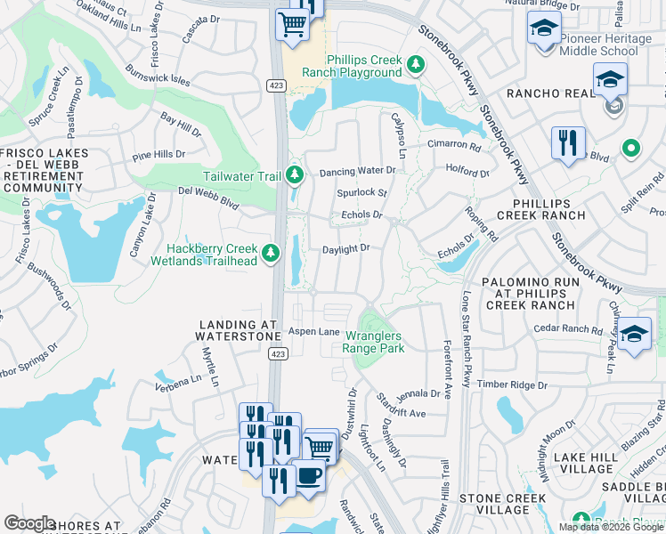map of restaurants, bars, coffee shops, grocery stores, and more near 6559 Titus Lane in Frisco