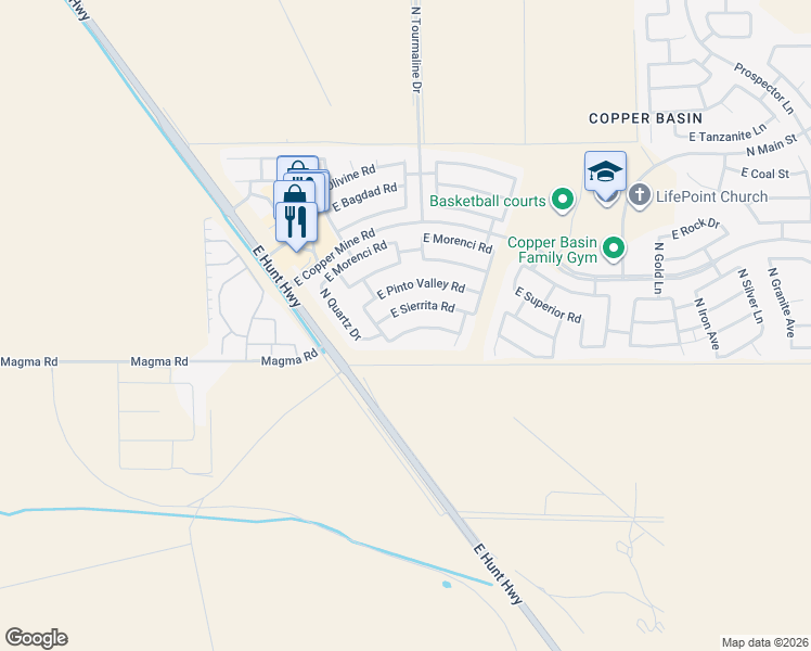 map of restaurants, bars, coffee shops, grocery stores, and more near 2900 East Silverbell Road in San Tan Valley