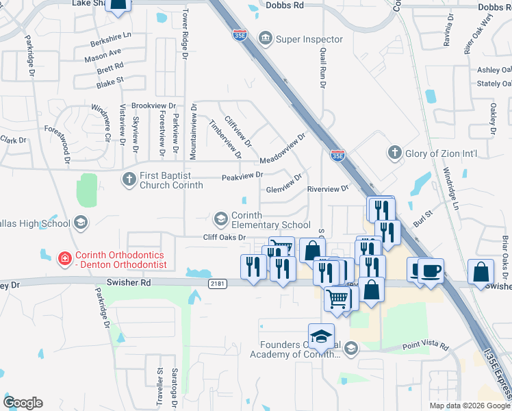 map of restaurants, bars, coffee shops, grocery stores, and more near 3621 Clearview Drive in Corinth