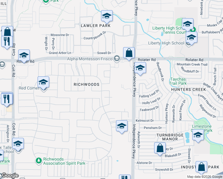 map of restaurants, bars, coffee shops, grocery stores, and more near 14264 Faith Drive in Frisco