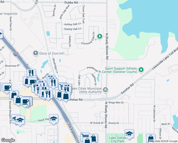 map of restaurants, bars, coffee shops, grocery stores, and more near 532 Ridgewood Court in Lake Dallas