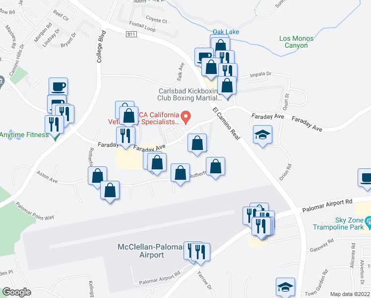map of restaurants, bars, coffee shops, grocery stores, and more near 5901 Priestly Drive in Carlsbad
