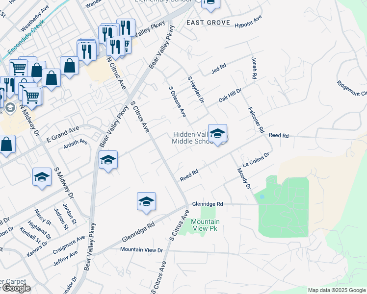 map of restaurants, bars, coffee shops, grocery stores, and more near 645 Rainbow Place in Escondido