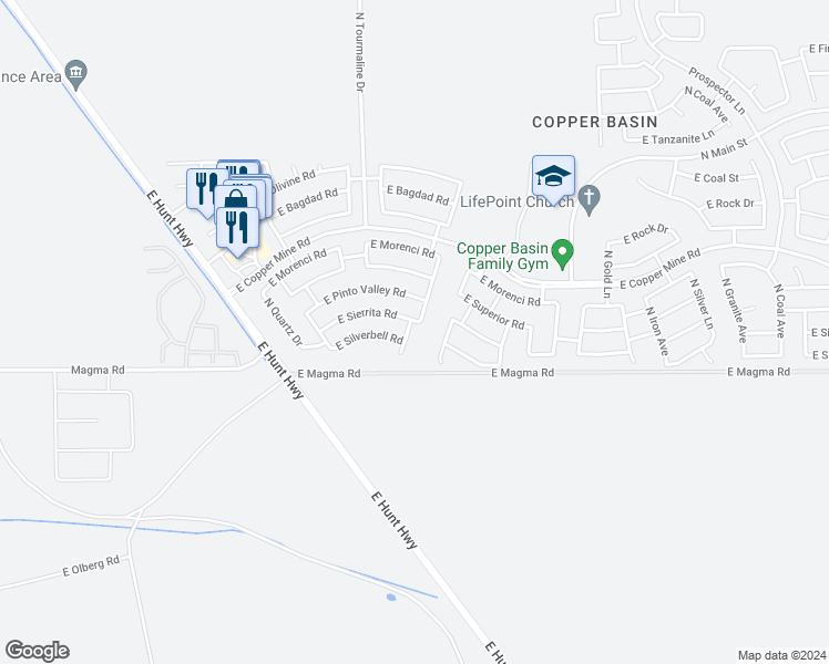 map of restaurants, bars, coffee shops, grocery stores, and more near 28057 North Muscovite Drive in San Tan Valley