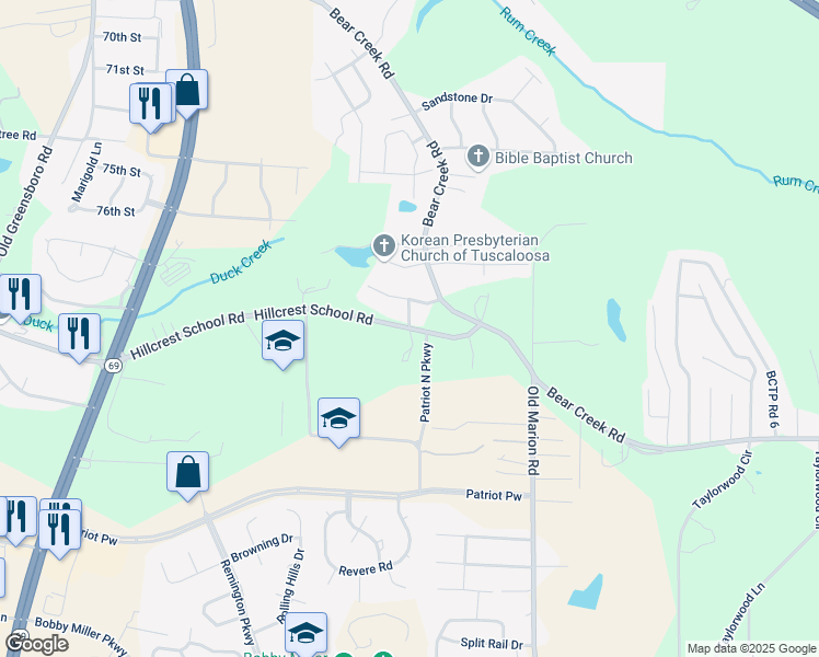map of restaurants, bars, coffee shops, grocery stores, and more near 163 Hillcrest School Road in Tuscaloosa