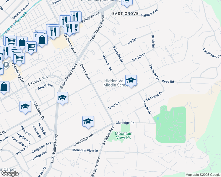 map of restaurants, bars, coffee shops, grocery stores, and more near 645 Rainbow Place in Escondido