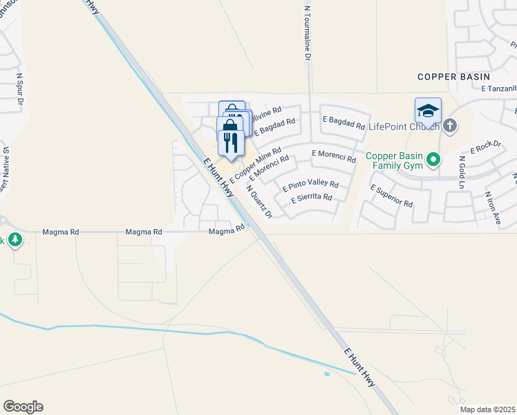map of restaurants, bars, coffee shops, grocery stores, and more near 28036 North Quartz Drive in San Tan Valley