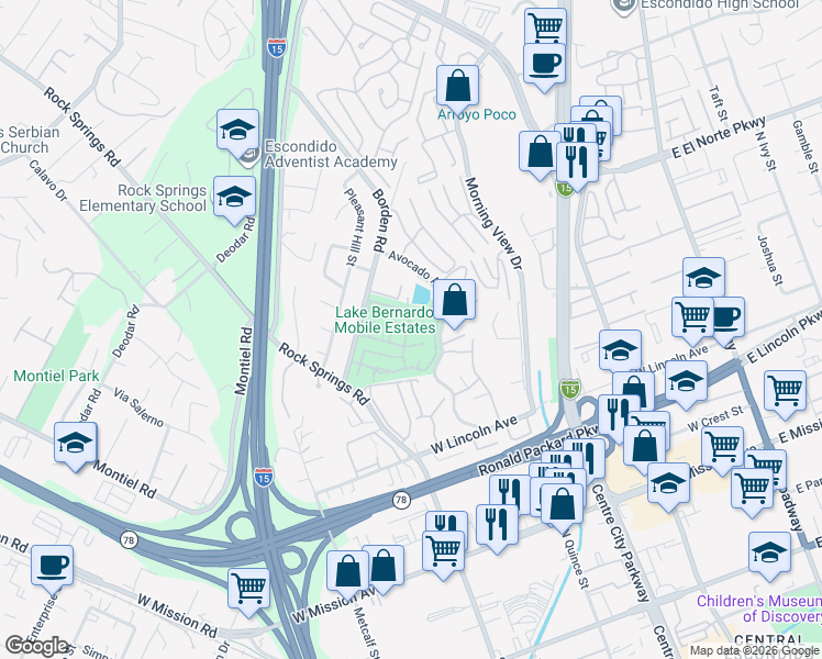 map of restaurants, bars, coffee shops, grocery stores, and more near 17 Citracado Lane in Escondido