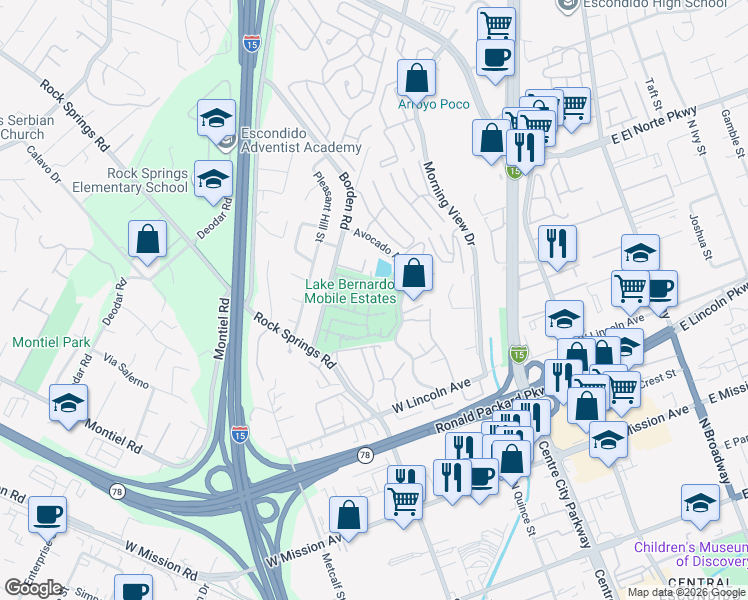 map of restaurants, bars, coffee shops, grocery stores, and more near 17 Citracado Lane in Escondido