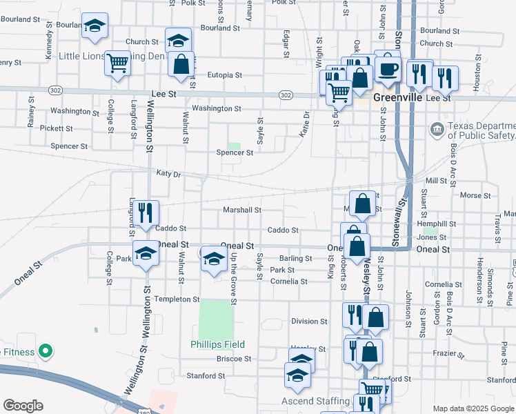 map of restaurants, bars, coffee shops, grocery stores, and more near 3307 Sayle Street in Greenville