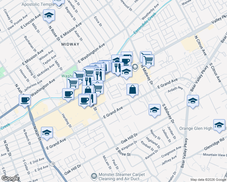 map of restaurants, bars, coffee shops, grocery stores, and more near 15 Mayflower Avenue in Escondido