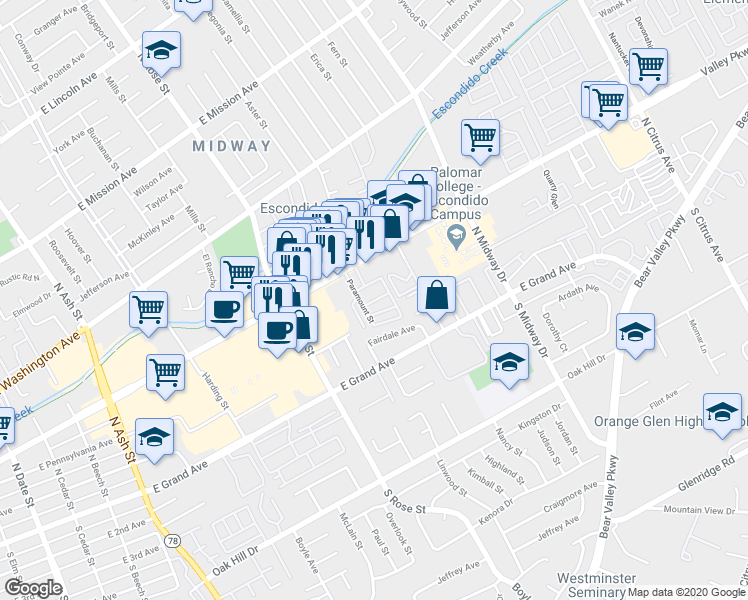 map of restaurants, bars, coffee shops, grocery stores, and more near 17 Mayflower Avenue in Escondido