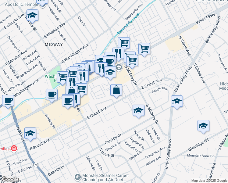 map of restaurants, bars, coffee shops, grocery stores, and more near 151 Gayland Street in Escondido
