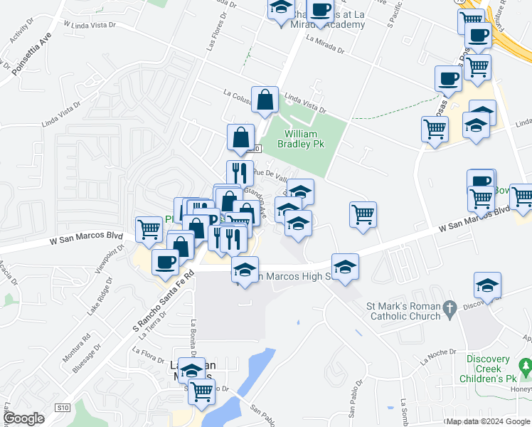 map of restaurants, bars, coffee shops, grocery stores, and more near 1534 Grandon Avenue in San Marcos