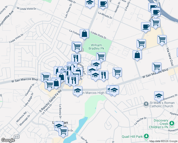 map of restaurants, bars, coffee shops, grocery stores, and more near 1544 Grandon Avenue in San Marcos