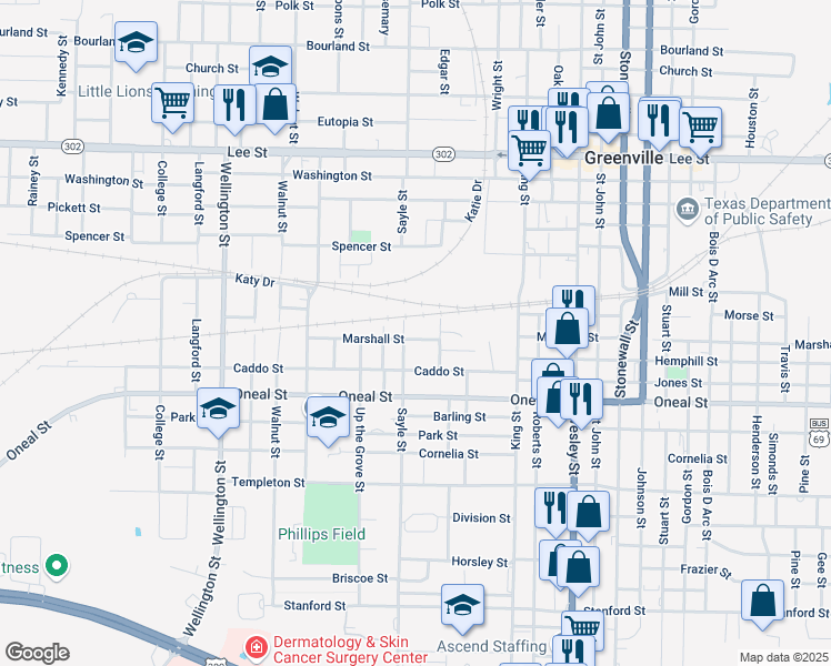 map of restaurants, bars, coffee shops, grocery stores, and more near 3420 Marshall Street in Greenville