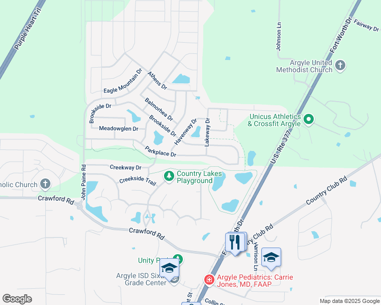 map of restaurants, bars, coffee shops, grocery stores, and more near 5201 Parkplace Drive in Argyle