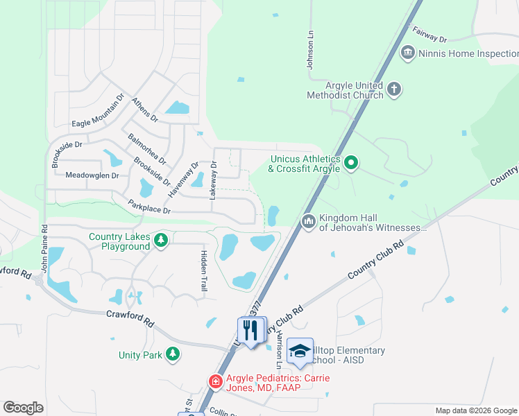 map of restaurants, bars, coffee shops, grocery stores, and more near 4608 Brookside Drive in Argyle