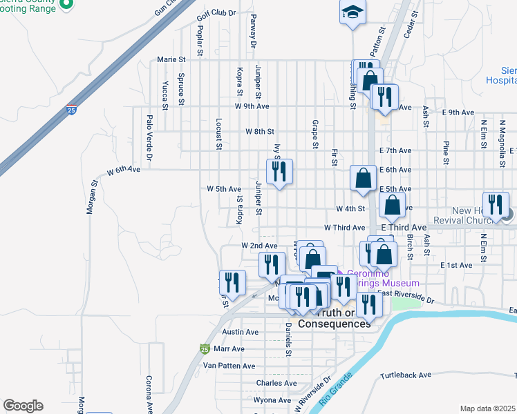 map of restaurants, bars, coffee shops, grocery stores, and more near 401 Juniper Street in Truth or Consequences