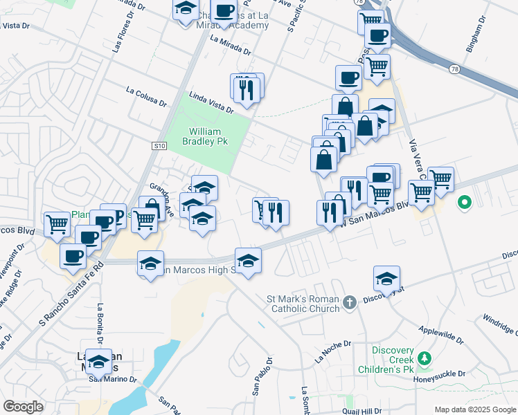 map of restaurants, bars, coffee shops, grocery stores, and more near 1290 W San Marcos Blvd in San Marcos