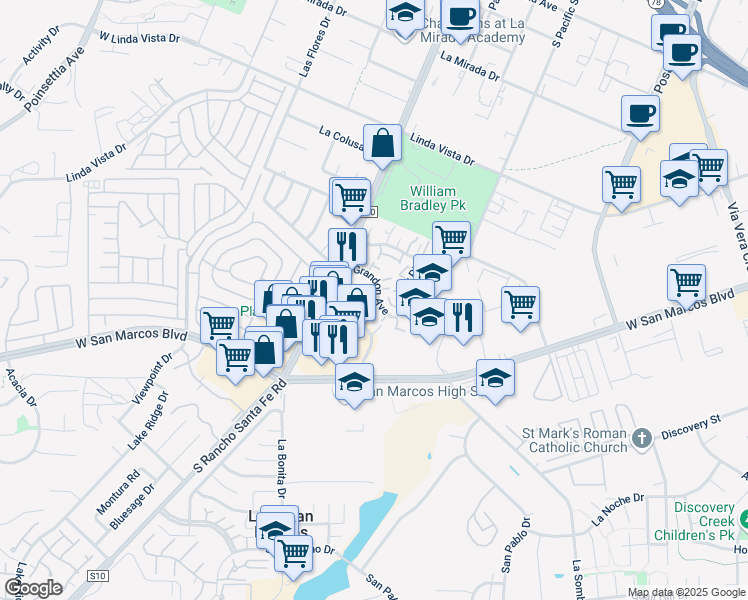 map of restaurants, bars, coffee shops, grocery stores, and more near 1605 Grandon Avenue in San Marcos
