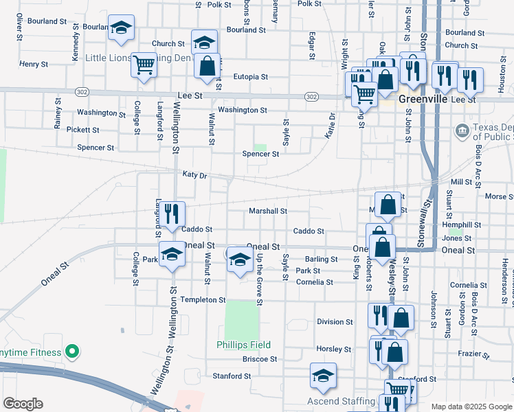 map of restaurants, bars, coffee shops, grocery stores, and more near 3605 Marshall Street in Greenville
