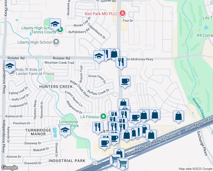 map of restaurants, bars, coffee shops, grocery stores, and more near 15909 Twin Cove Drive in Frisco
