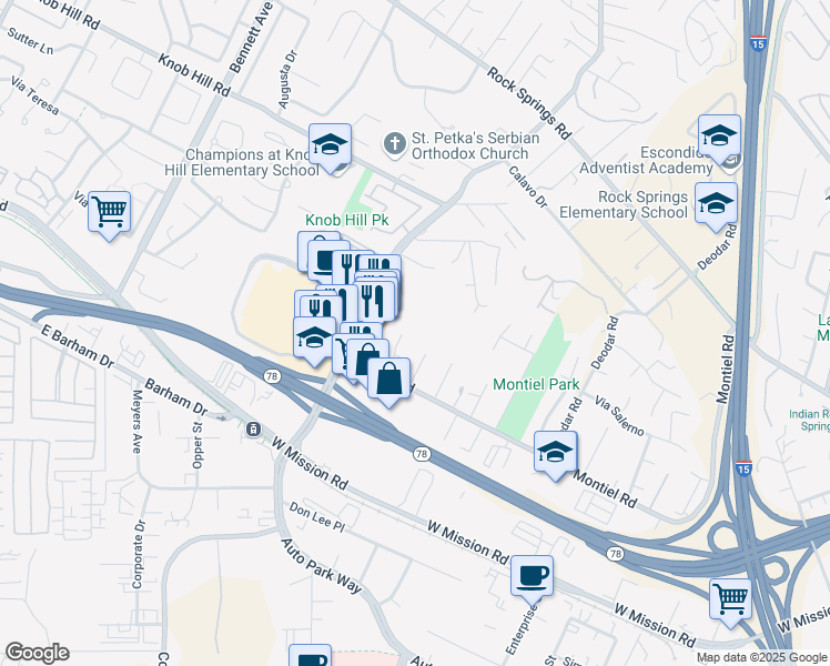 map of restaurants, bars, coffee shops, grocery stores, and more near 754 Via Flora Road in San Marcos