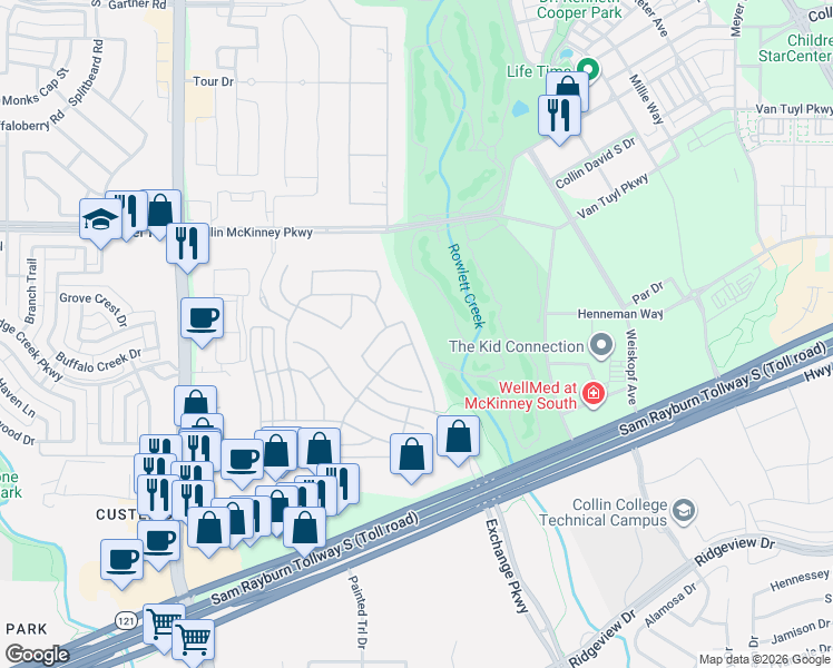 map of restaurants, bars, coffee shops, grocery stores, and more near 6905 Homestead Drive in McKinney