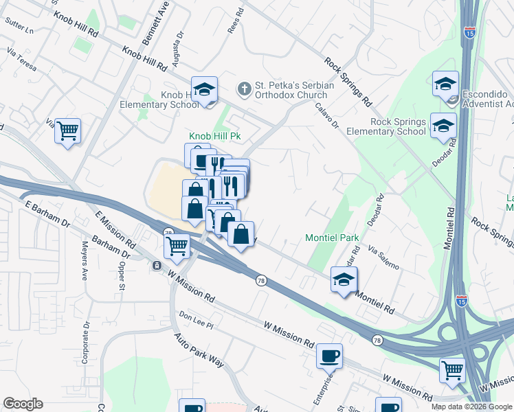 map of restaurants, bars, coffee shops, grocery stores, and more near 754 Via Flora Road in San Marcos