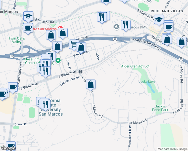 map of restaurants, bars, coffee shops, grocery stores, and more near 460 La Moree Road in San Marcos