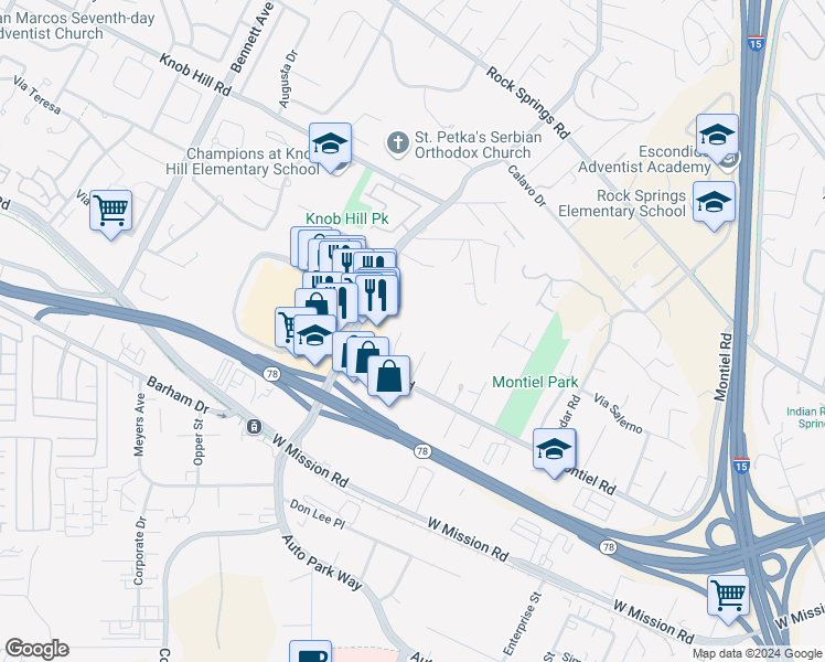 map of restaurants, bars, coffee shops, grocery stores, and more near 754 Via Flora Road in San Marcos
