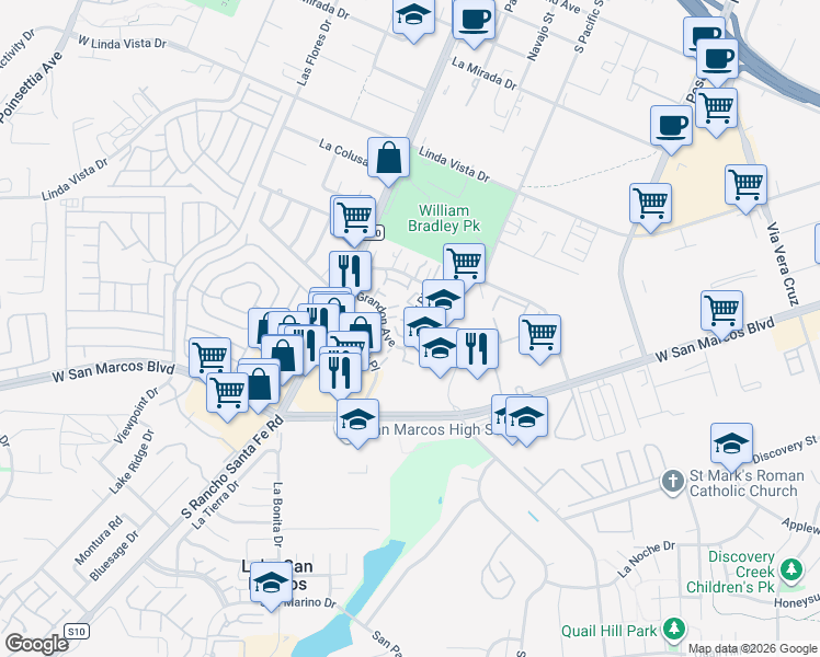 map of restaurants, bars, coffee shops, grocery stores, and more near 626 Beverly Place in San Marcos