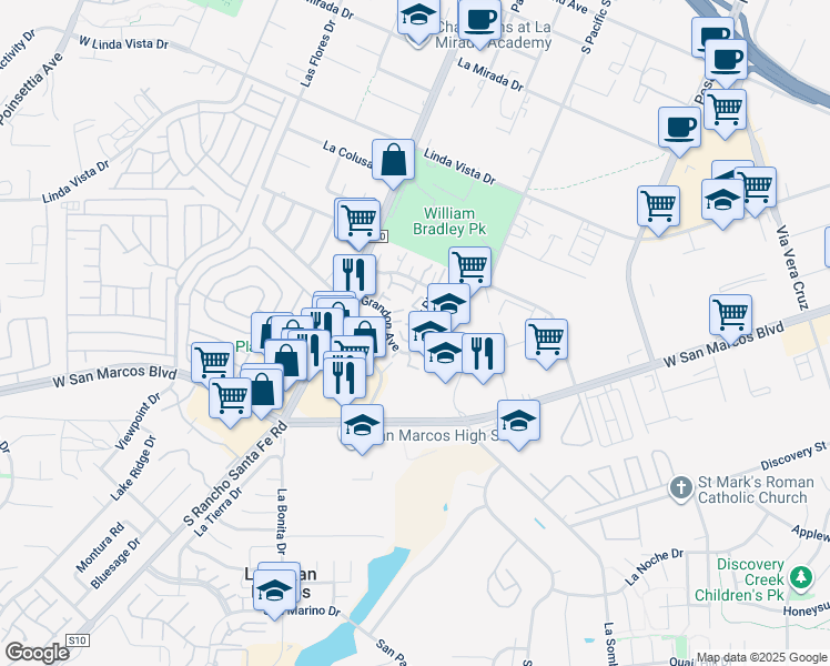 map of restaurants, bars, coffee shops, grocery stores, and more near 1534 Grandon Avenue in San Marcos