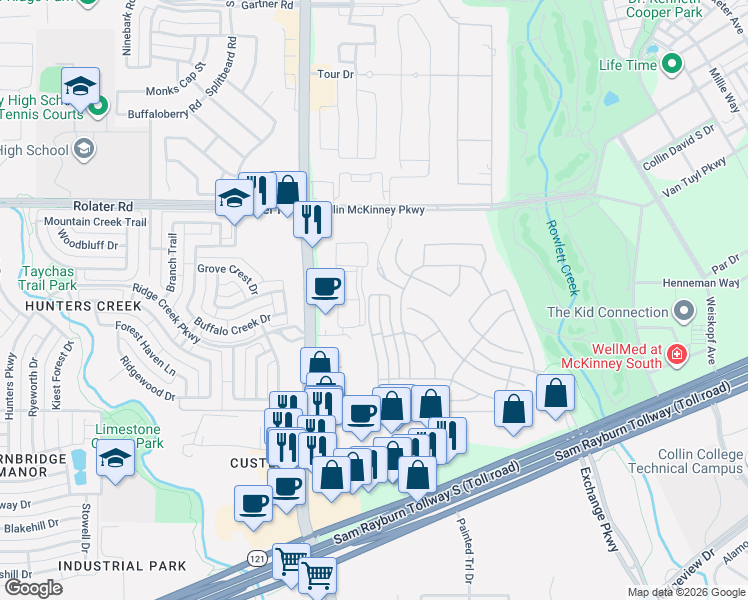 map of restaurants, bars, coffee shops, grocery stores, and more near 6750 Piper Glen Road in McKinney