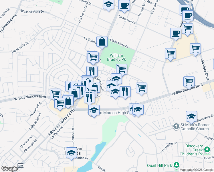 map of restaurants, bars, coffee shops, grocery stores, and more near 626 Beverly Place in San Marcos