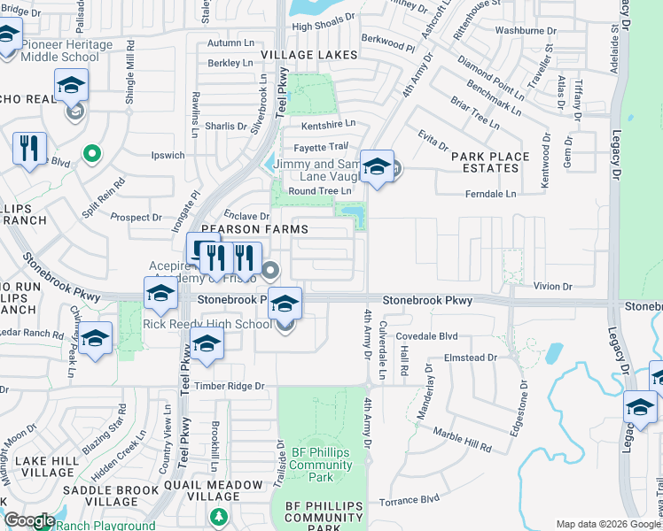 map of restaurants, bars, coffee shops, grocery stores, and more near 3119 Clearfork Trail in Frisco