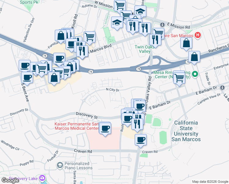 map of restaurants, bars, coffee shops, grocery stores, and more near 316 Triangular Road in San Marcos