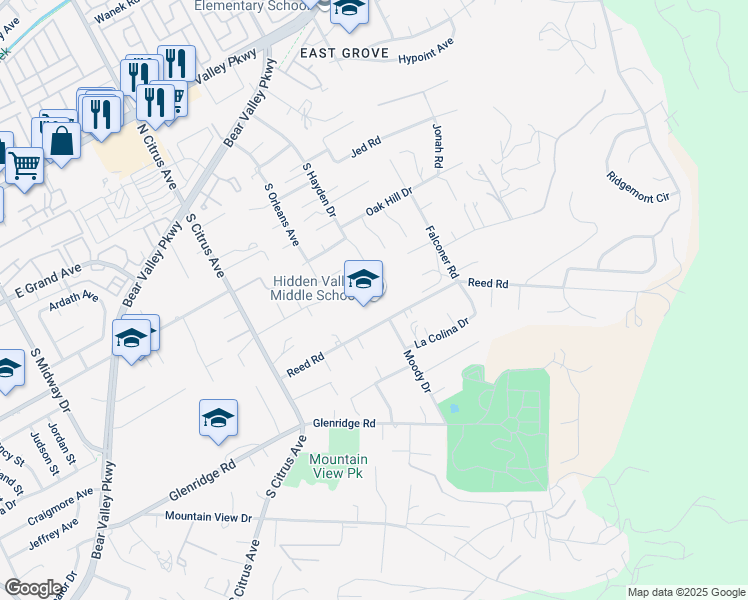 map of restaurants, bars, coffee shops, grocery stores, and more near 2700 Reed Road in Escondido