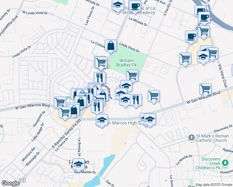 map of restaurants, bars, coffee shops, grocery stores, and more near 563 Beverly Place in San Marcos