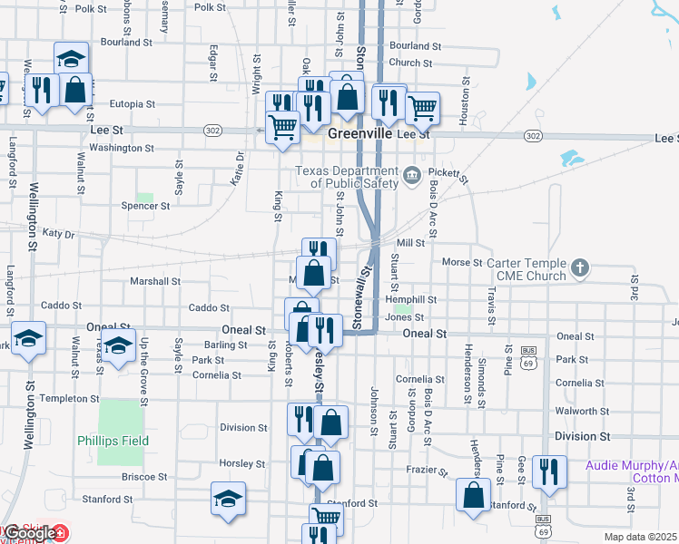 map of restaurants, bars, coffee shops, grocery stores, and more near 3101 Saint John Street in Greenville