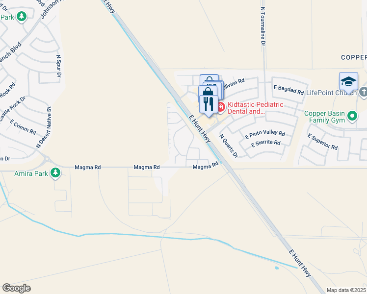 map of restaurants, bars, coffee shops, grocery stores, and more near 2300 East Magma Road in San Tan Valley