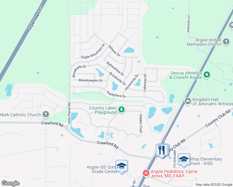 map of restaurants, bars, coffee shops, grocery stores, and more near 5416 Parkplace Drive in Argyle