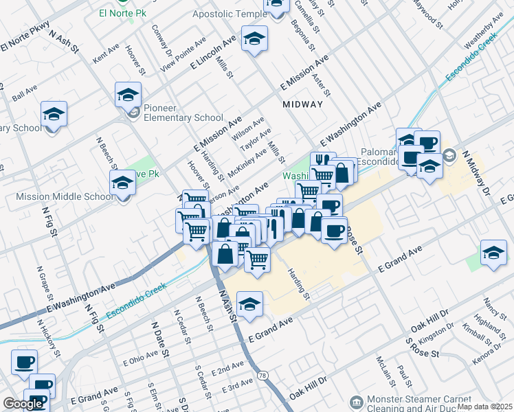 map of restaurants, bars, coffee shops, grocery stores, and more near 1351 East Washington Avenue in Escondido