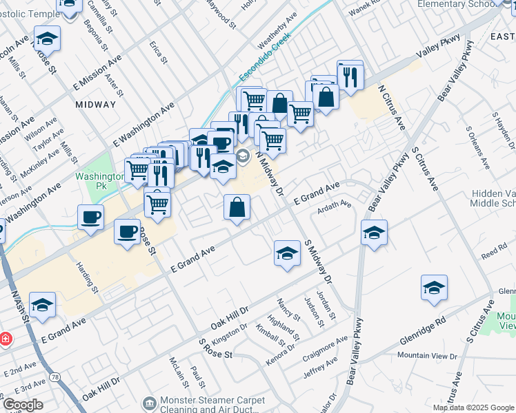 map of restaurants, bars, coffee shops, grocery stores, and more near 1960 East Grand Avenue in Escondido