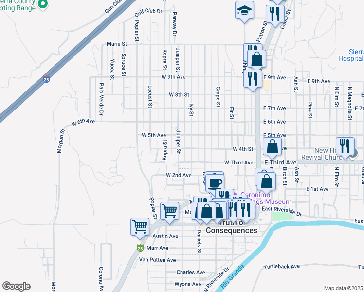 map of restaurants, bars, coffee shops, grocery stores, and more near 401-499 Juniper Street in Truth or Consequences