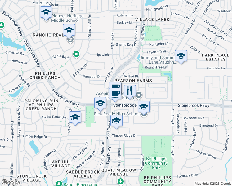 map of restaurants, bars, coffee shops, grocery stores, and more near 6785 Pecan Chase Lane in Frisco