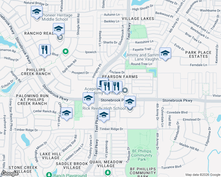 map of restaurants, bars, coffee shops, grocery stores, and more near 2651 Sage Ridge Drive in Frisco