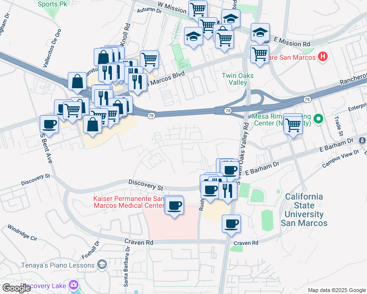 map of restaurants, bars, coffee shops, grocery stores, and more near 300 Triangular Road in San Marcos